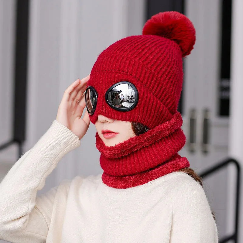 RUHAO зимняя вязаная шапка теплая шапочки Skullies Лыжная Шапка со Съемные очки для женщин и мужчин Кепка для занятий спортом на открытом воздухе