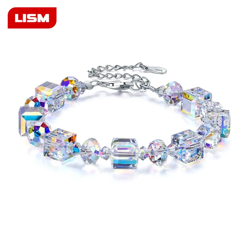 Кубический браслет из настоящего 925 пробы с австрийским кристаллом, сияющий AB Цвет, изысканный роскошный модный браслет, ювелирное изделие