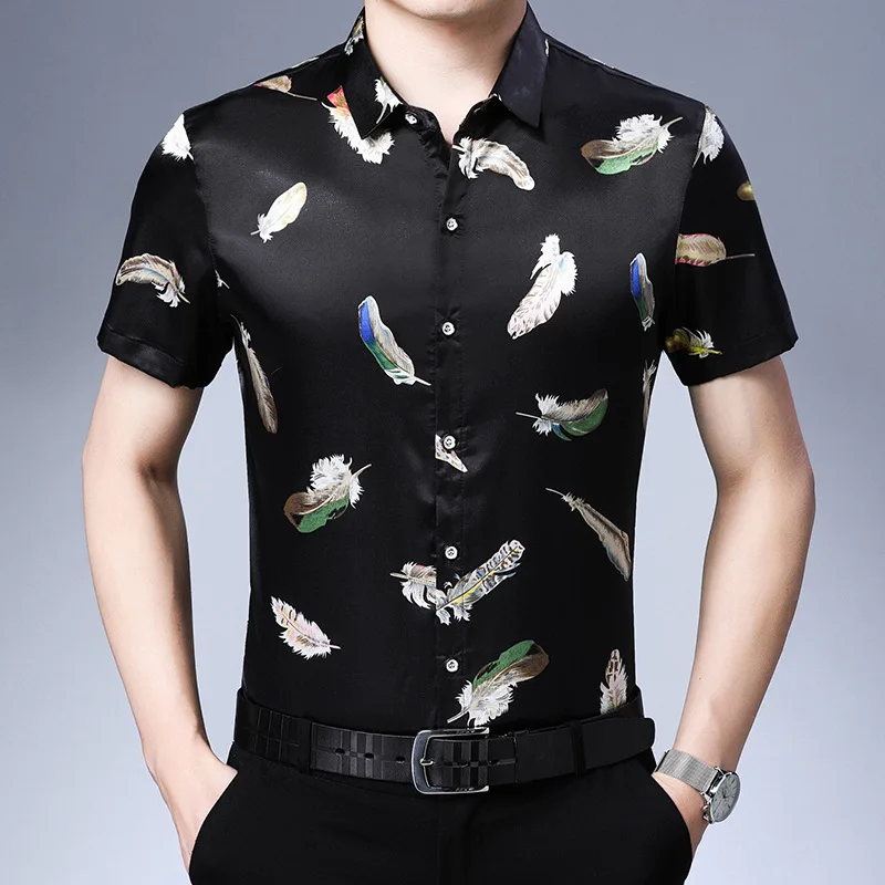 

3D color feather pattern print fashion luxury short sleeve shirt Summer New high-quality soft smooth comfortable men shirt M-3XL