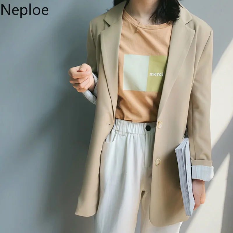 Neploe Solid Vintage Office Work Style Blazer Women Solid Nothed Single-breasted Coat Loose Wild Autumn Mid Long Coat 45894