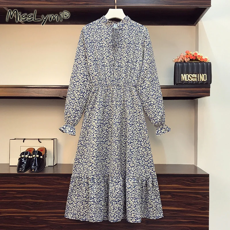 L-4XL de talla grande para mujer, vestido de gasa Floral azul, manga larga coreana, cintura elástica, holgado, con volantes, Midi, primavera 2021