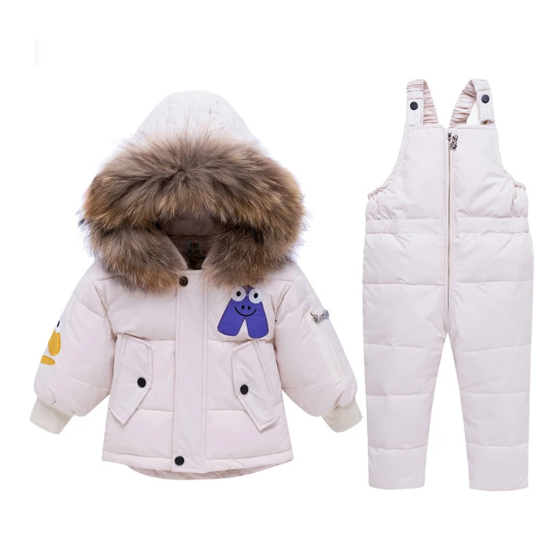 

Baby Fur Ski Suit Hooded Jacket with Overalls Children Snowsuit Letter B Girl Clothing Russia Winter Boys Clothes Set