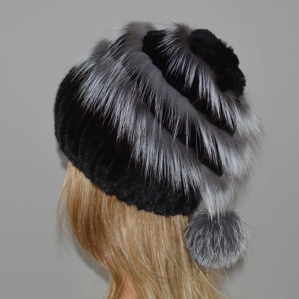 Hot Fashion Winter Warm Women Knitted Real Mink Fur Caps Natural Real Mink Fur Hats Genuine Real Sliver Fox Fur Beanies Hat
