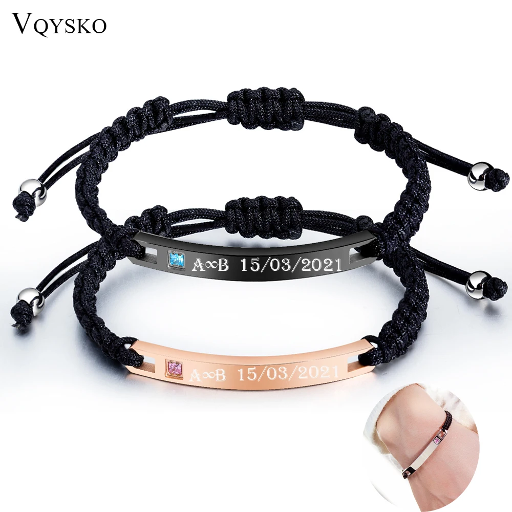 XUANPAI Personalized Couples Bracelets Set | Engraved Stainless Steel Rope Braided ID Bracelets For Him & Her - View #2