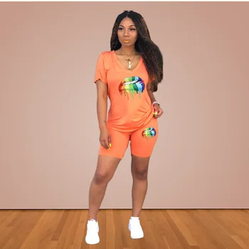 

Women's Set Summer Dress New Three-color, Five-yard Sexy Offset Printing Rainbow Lip Painted Solid Color Two-piece Set