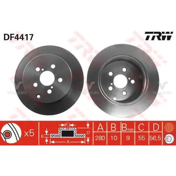 TRW DF4417 Диск тормозной задн TOYOTA: AVENSIS 03-, AVENSIS седан 03-, AVENSIS универсал 03