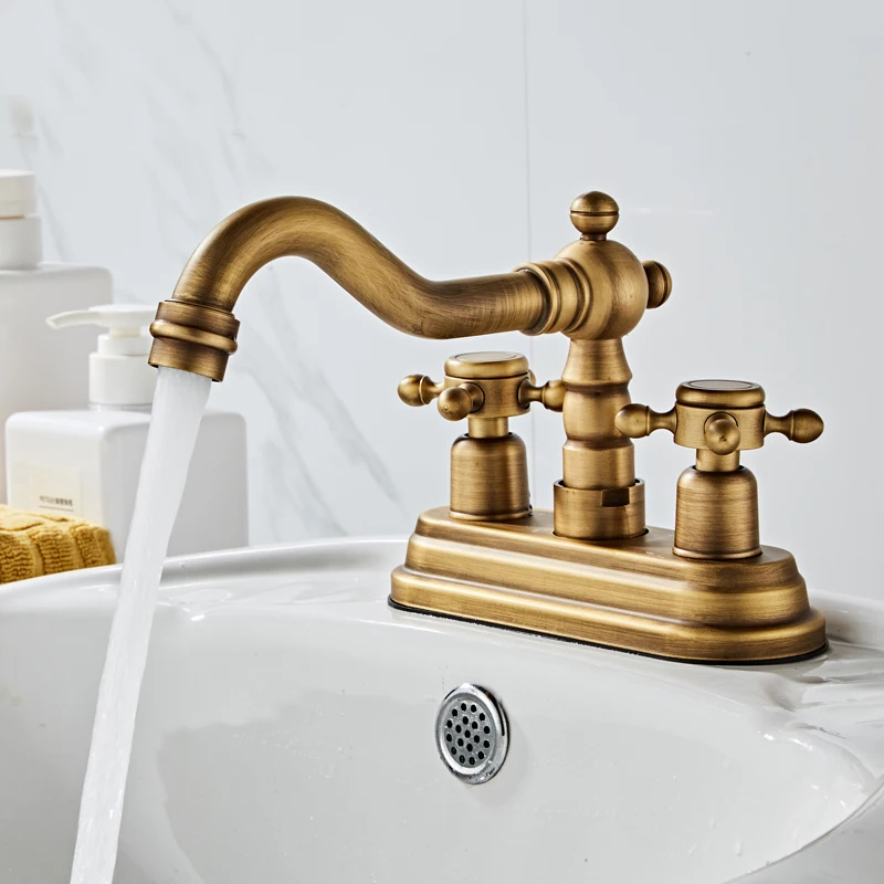 

Antique Brass Deck Mounted 4" Centerset Dual Handle Two Holes Bathroom Faucet Swive Spout Basin Sink Mixer Taps