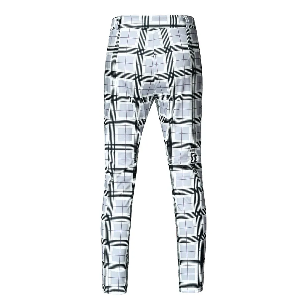 Plaid Print Drawstring Elastic Waist Long Pencil Pants Men Smart Business Slim Fit Trouser Pantalons de mode pour hommes#20