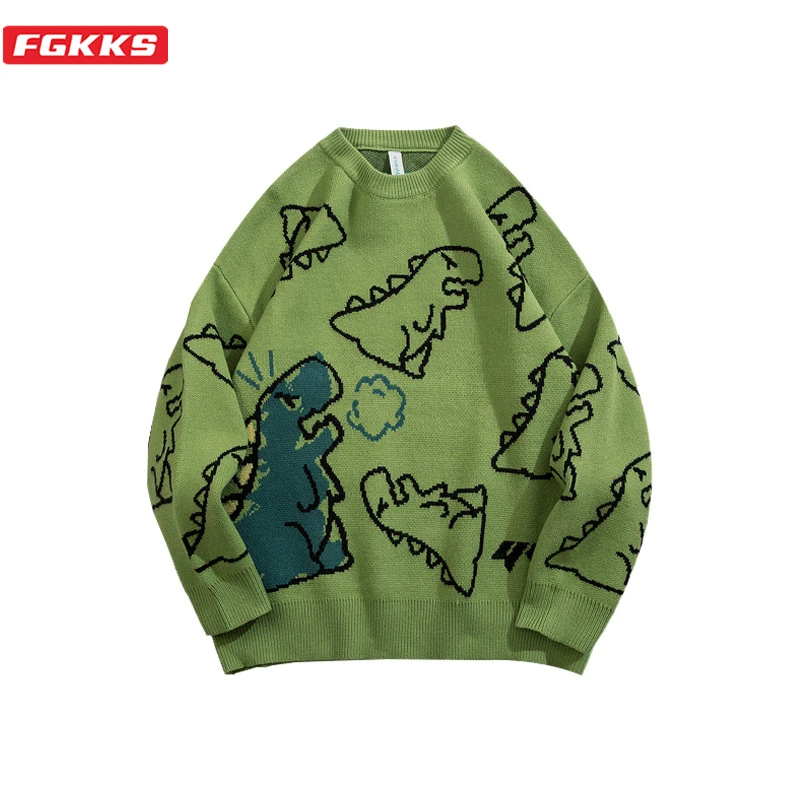 FGKKS Pullover Männer Harajuku Mode Gestrickte Hip Hop Dinosaurier Cartoon Pullover Oansatz Oversize Casual Paar Männliche Pullover