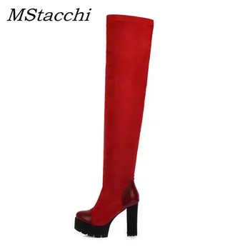

MStacchi Big Size 33-48 Women Thigh High Boots Female Flock Splice Patent leather Platform High Heels Shoes Woman Round Toe Boot
