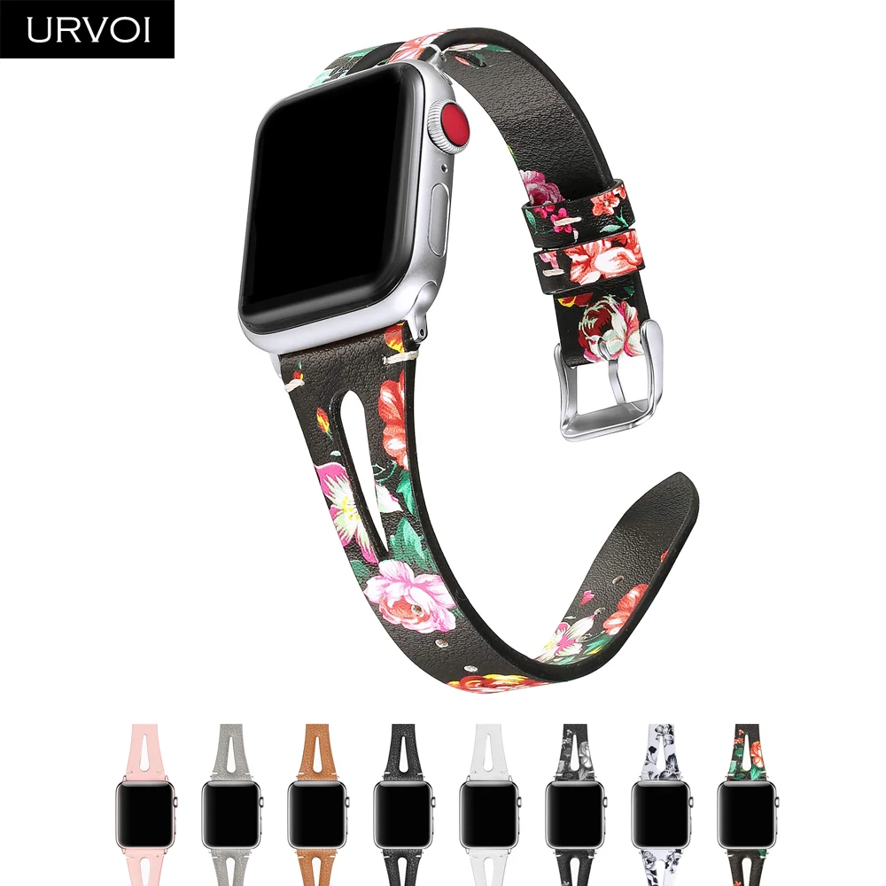 URVOI кожаный ремешок для apple watch series 5 4 3 2 1 ремешок для iwatch 40 мм 44 мм T отверстие печатные цветы женские наручные часы 38 42 мм