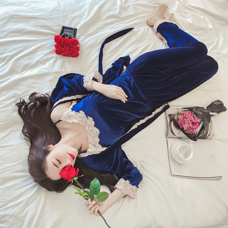 

2020 Gold Velvet Pajamas Suit Women's Autumn and Winter Long Sleeve Coat Casual Trousers Home Service Three-pieceSuit Sexy Pjs