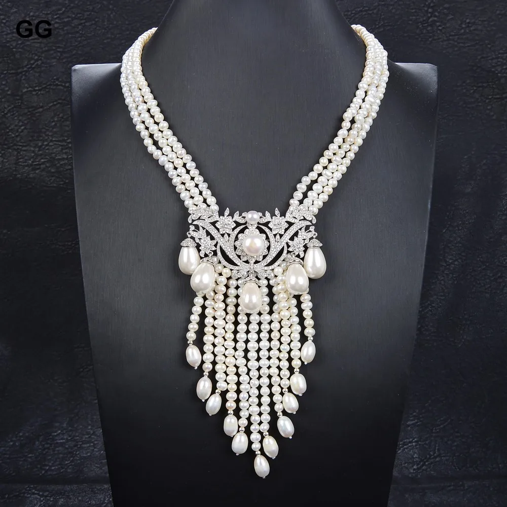 GuaiGuai Jewelry 19 3 Rows Natural Cultured White Pearl CZ Pave 