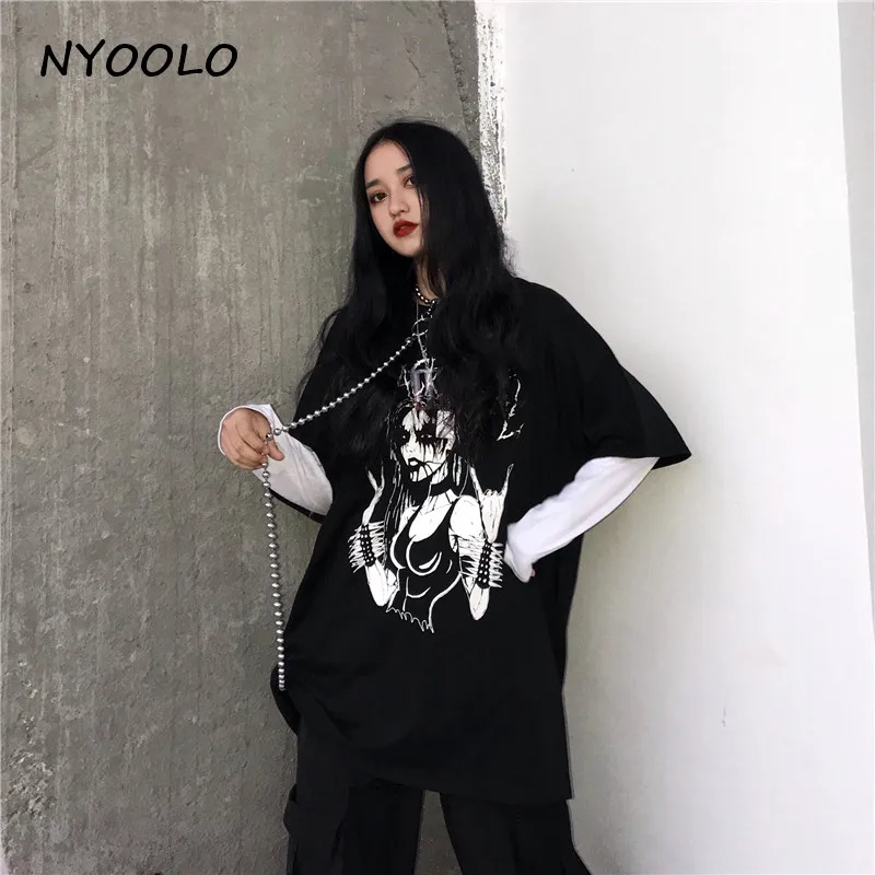 NYOOLO Harajuku уличная Рок Сексуальная Женская граффити Печать поддельные две части Лоскутная свободная футболка с длинными рукавами и круглым вырезом для женщин и мужчин