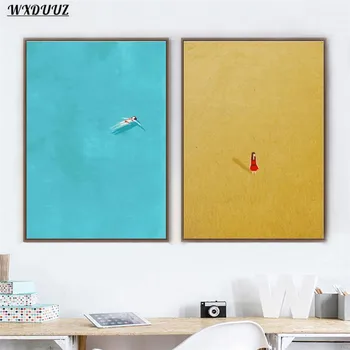 

Nordic Abstract Style Swim Girl Cartoon Art Decor Poster Quality Canvas Painting Home Decor Picture Kids Room Living Wall Decor