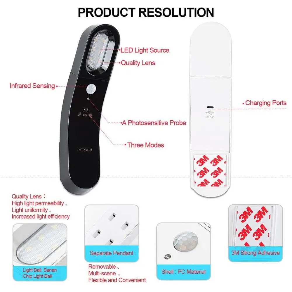 LEADLY USB PIR Светодиодный светильник с датчиком движения для шкафа кровати настенный