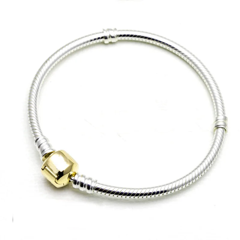 Новинка, 925 пробы, серебряный браслет, золотой цвет, застежка-баррель, базовая цепочка-змейка, браслет, подходит для женщин, бусина, шарм, сделай сам, ювелирное изделие