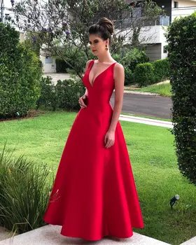 

Sexy Red Deep V Neck Prom Dress 2020 Open Back A Line Simple Satin Women Formal Evening Dresses Long Custom Cheap Party Gowns