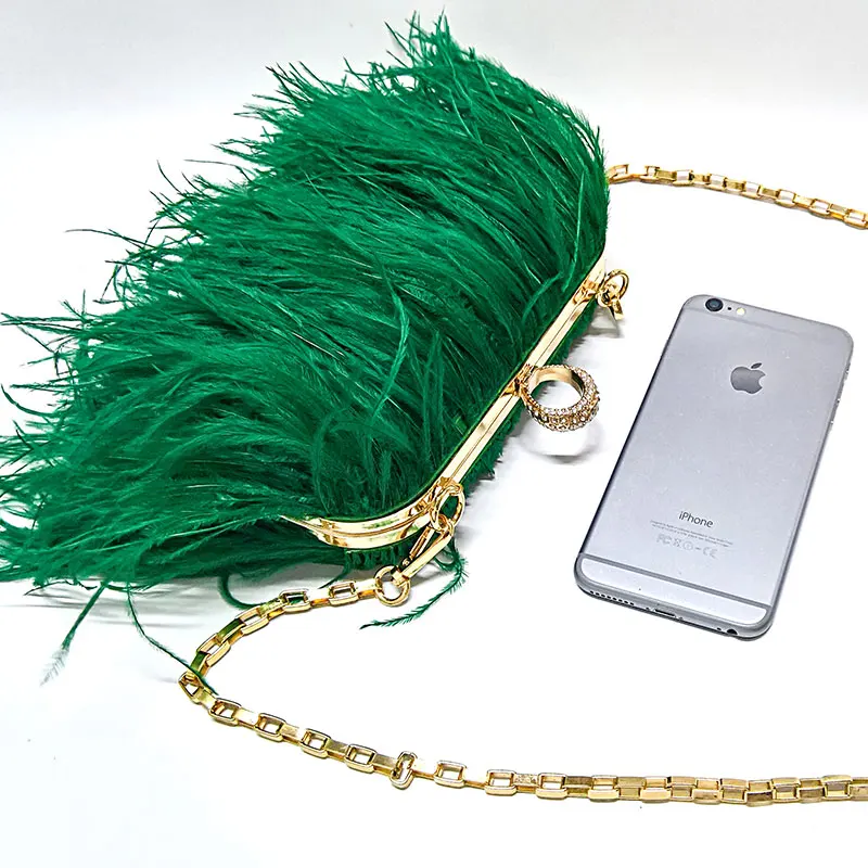 2022 Luxury Ostrich Feather Party Evening Clutch Bag Women Wedding Purses and Handbags Small Shoulder Chain Bag Designer Bag