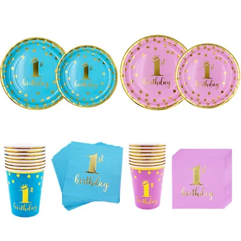 

40pcs Boy Girl 1st Birthday Party DBoy Girl 1st Birthday Party Decor Disposable Tableware Kit Blue Pink Plate Cups Napkins Baby
