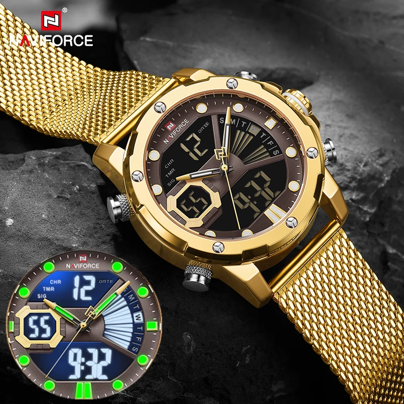 NAVIFORCE мужские спортивные часы, роскошные золотые кварцевые часы со стальным ремешком, водонепроницаемые военные цифровые наручные часы, часы для мужчин 2020|Спортивные часы|   | АлиЭкспресс
