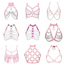 Цепь тела кожа розовый жгут панк готический выдалбливают бюстгальтер для женщин нагрудный ремень Регулируемый танец клуб белье Модные ремни шеи