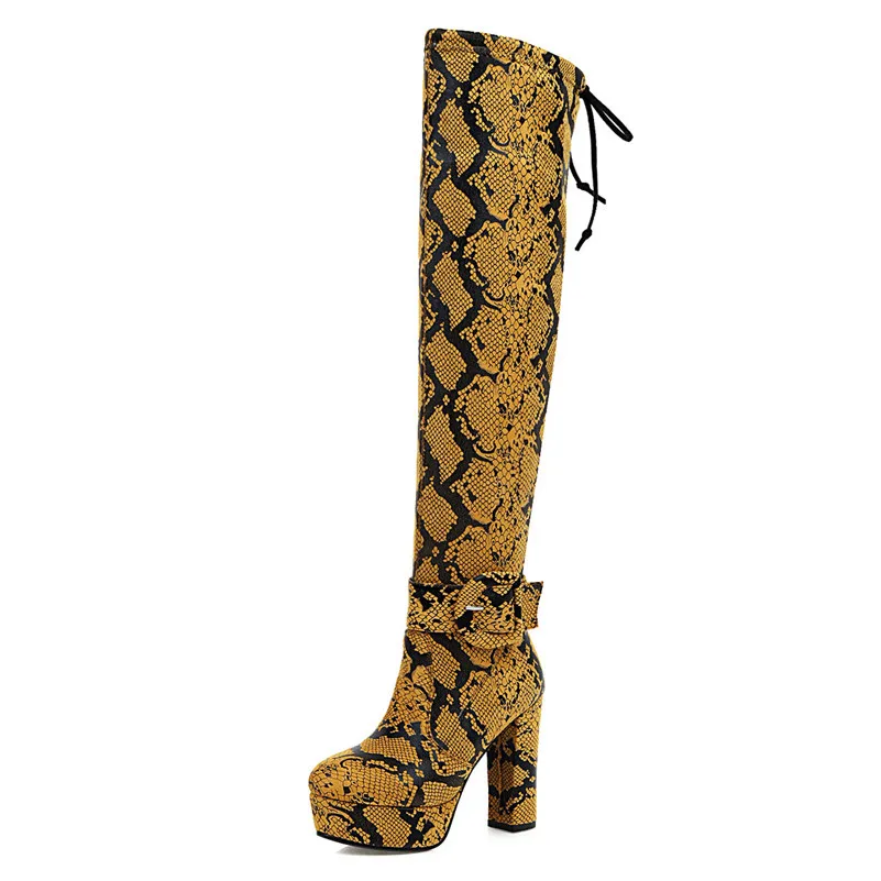 Meotina Winter Thigh High Boots Women Snake Print Thick Heel Over The Knee Boots Slim Stretch Super High Heel Shoes Ladies 33-46