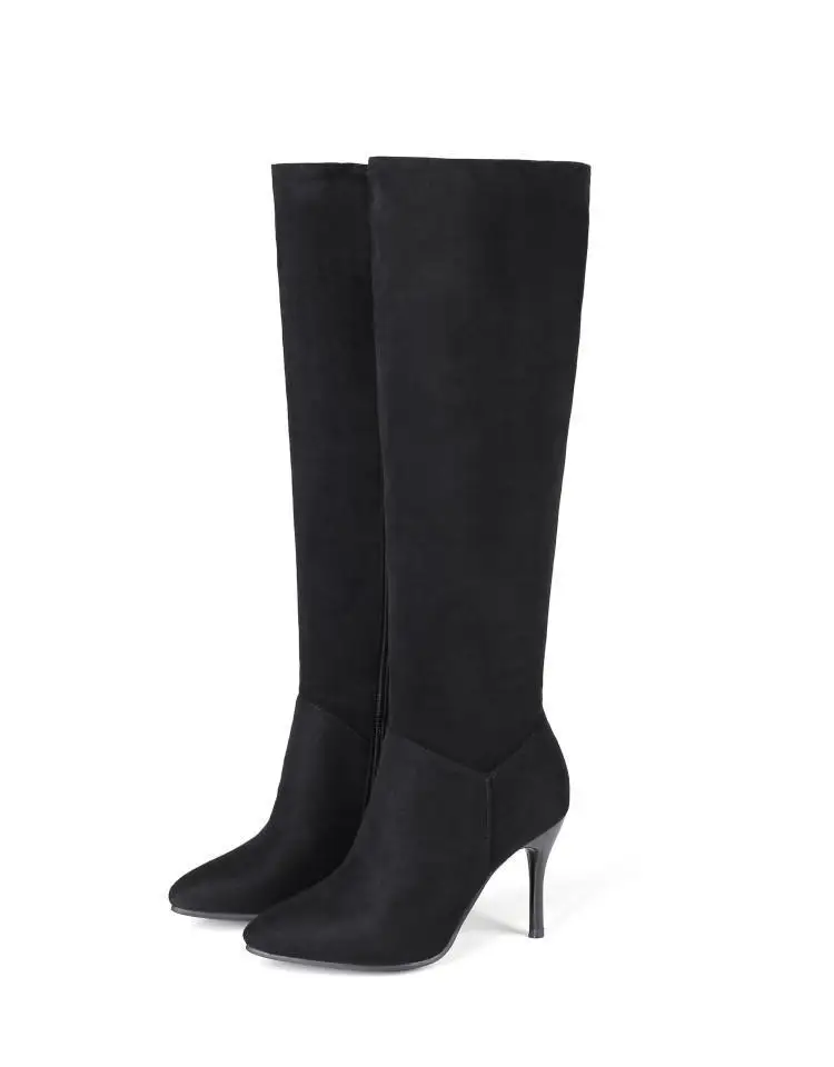 Knee High Boots Spring Women Super(8cm-up) Heel Black Woman Shoes Long Womens Ladies Fashion Riding Equestrian Size 42 10 Flock - Цвет: Черный