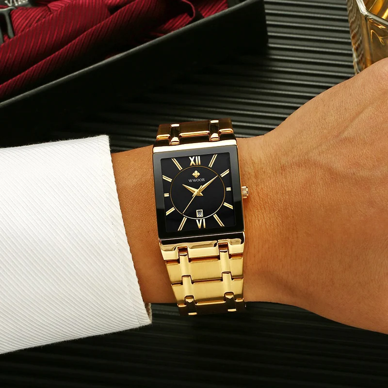 Relogio Masculino WWOOR Gold Watch Men Square Mens Watches Top Brand Luxury Golden Quartz Stainless Steel Waterproof Wrist Watch 2