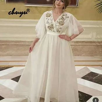 

Plus Size Ivory Evening Dresses V-neckline Cap Sleeve Gold Lace Islamic Dubai Saudi Arabic Evening Prom Dress Custom Made