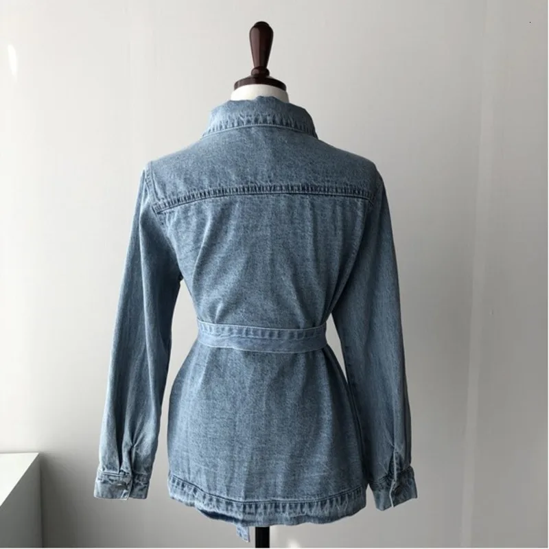SHENGPALAE, осень, новые модные однобортные джинсовые куртки с отворотом сбоку и поясом, женские свободные однотонные куртки FV258