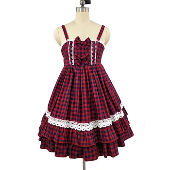 

Japanese sweet lolita dress vintage college style high waist red grid victorian dress kawaii girl daily gothic lolita cos loli