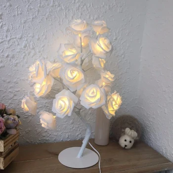 

LED White Rose Flower Bedside Bedroom Night Light Table Lamp Home Decor Simulation Tree Christmas Wedding Party(EU Plug)