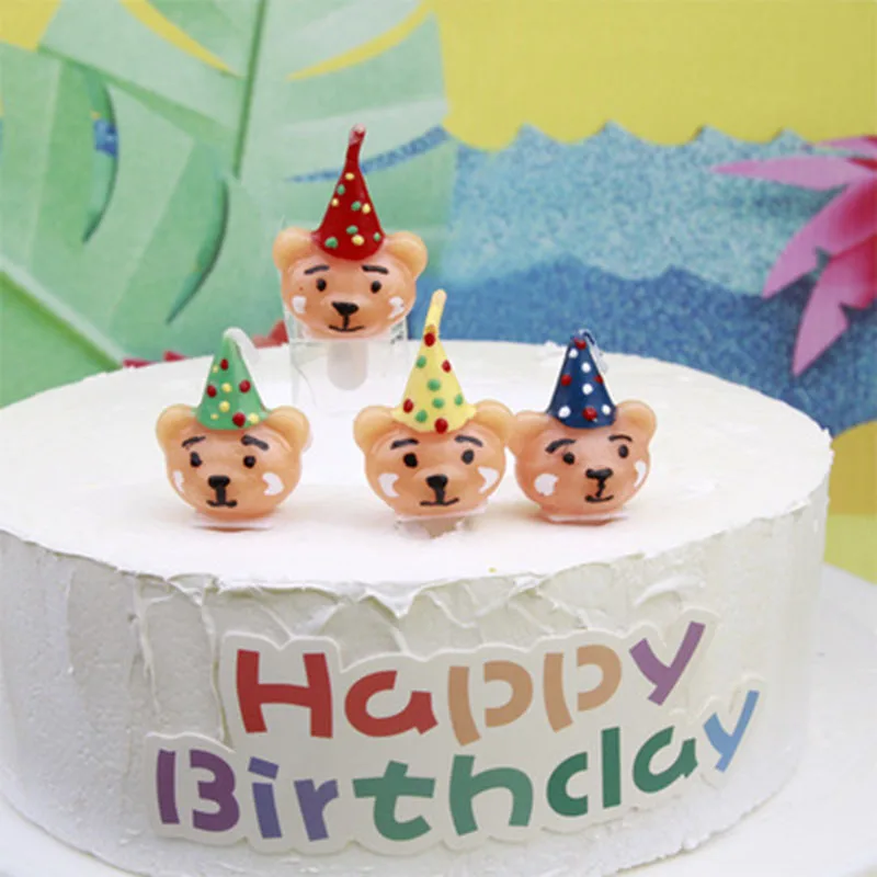 귀여운 레트로 곰 머리 케이크 장 다채로운 모자, 작은 곰 플러그인 어린이 베이킹 크리에이티브 생일 파티 생일 양초