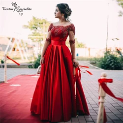 Satin Red Prom Dresses Long 2021 Half Sleeves Lace Appliques Beaded Corset Back Plus Size Evening Formal Dress Vestidos De Festa