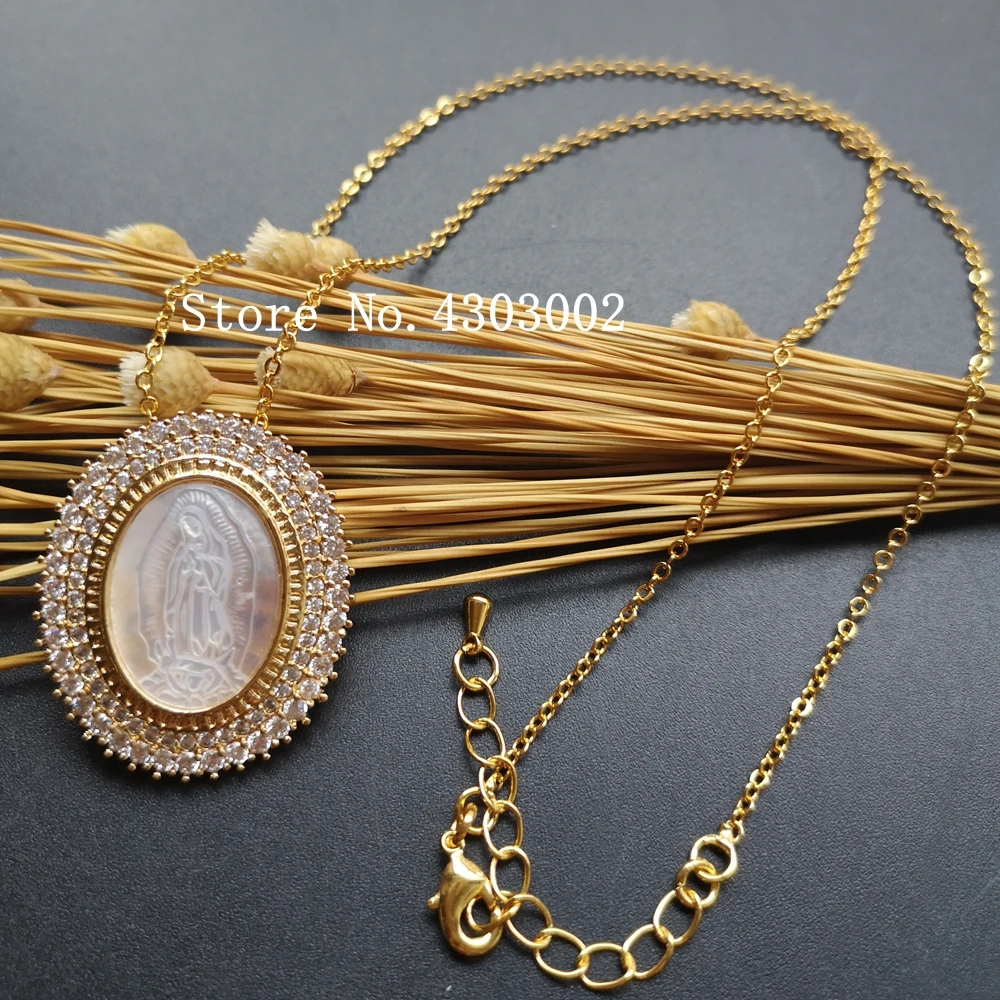 

10pcs/lot 28x33mm Natural AAA CZ Virgin of Guadalupe Mother Pearl shell necklace for women & Gift
