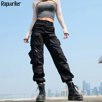 

Rapwriter Fashion Black Cargo Pants Women 2020 Fall Pockets Patchwork Casual Trousers Zipper High Waist Streetwear Pants Female