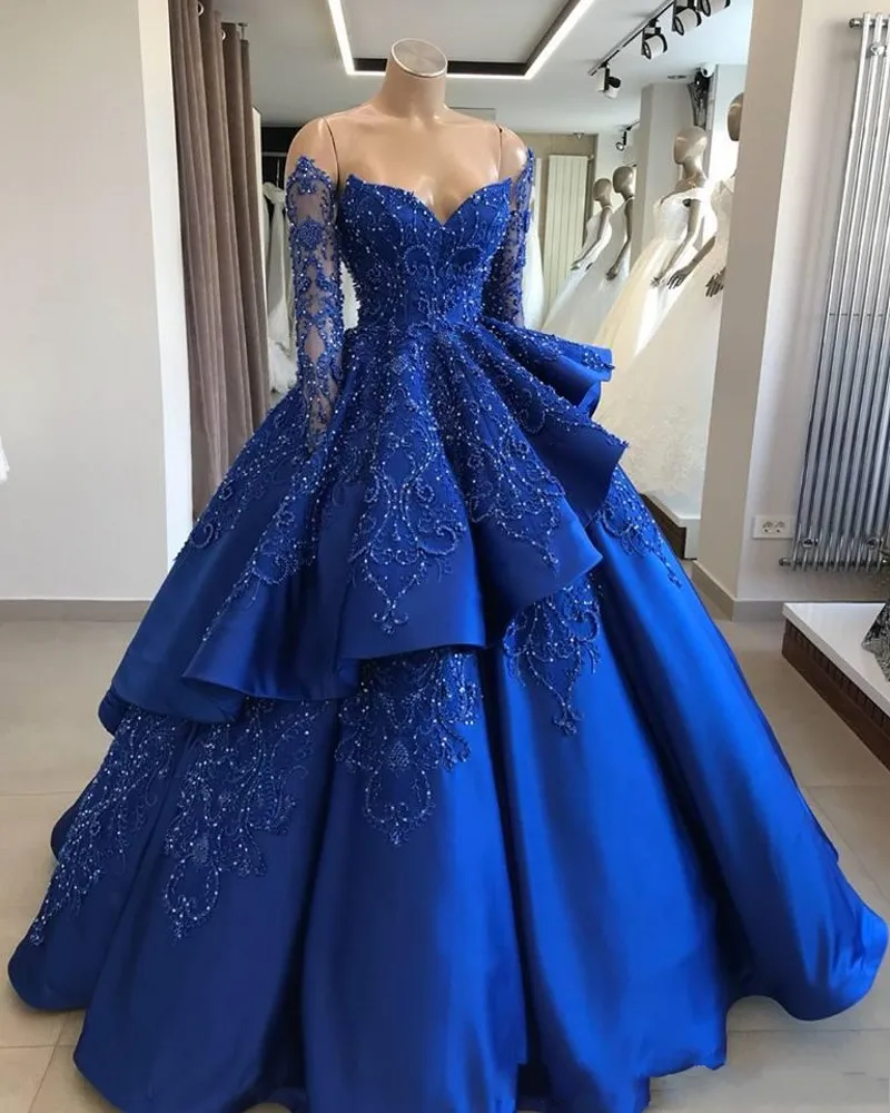 Royal Blue Vintage Ball Gown Quinceanera Dresses Off Shoulder Long Sleeves Beads Sequined Vestidos De 15 Anos Sweet 16 Prom