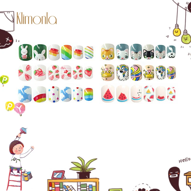 

24Pcs Colorful Fake Nails for kids Cute Pattern Press on False Nails Tips New ABS Children Fake Nails Pre-glud Manicure Tool