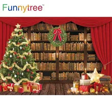 

Funnytree Christmas Library Bookshelf Backdrop Vintage Merry Xmas Pine Tree Antique Party Supplies Photography Decor Background