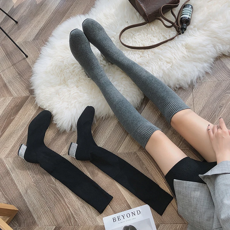 Slip on Warm Women Socks Boots Round Toe Suede Over The Knee Boots Women Botas Mujer Thick Heels Rubber Women High Boots
