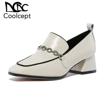 

CoolCept Women Pumps Shoes Fashion Square Toe Real Leather Shoes Women Thick Heel Crystals Chain Lady Office Footwear Size 34-39