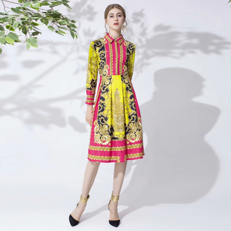 

Designer High Quality Autumn New Women'S Fashion Work Party Casual Beach Boho Vintage Elegant Chic Print Long Sleeve Midi Dress