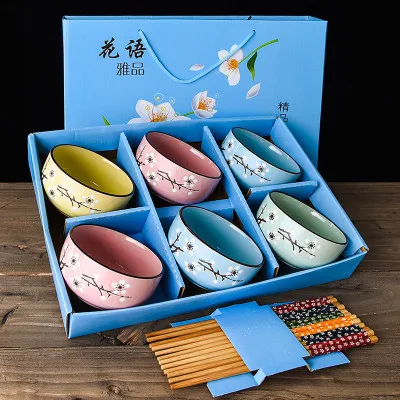 6PCS Mixed blue box Китайская цветущая вишня, керамическая миска для рисового супа, набор для микроволновой печи, маленькая Классическая салатная лапша Ramen с палочками для еды, посуда - Цвет: 6PCS Mixed blue box