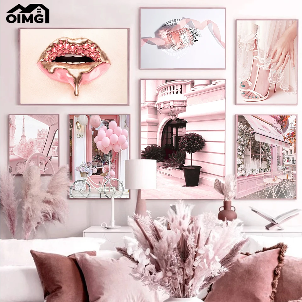 

Sexy Dimond Lips Pufume High Heels Canvas Poster Car Paris Tower Pink Bar Building Painting Prints Ballon Picture Bedroom Decor