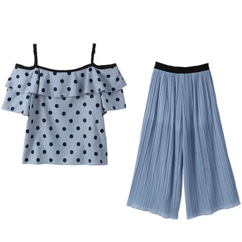 

Girls Summer Clothes Set New Teen Girls Polka Dot Shirt and Chiffon Wide Leg Pants Set Korean Style Kids Girls Two-Piece Set
