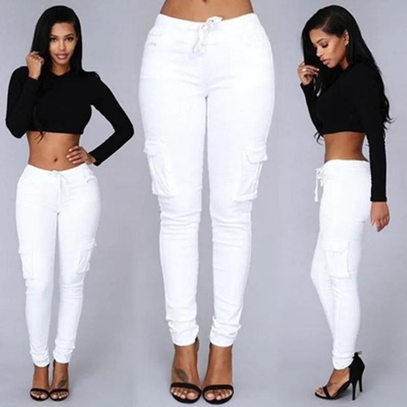 

2019 Women Casual Solid Jeans Pants Female Colorful Skinny Trouser Spring Autumn Mid-waist Drawstring Pencil Pants GRNSHTS