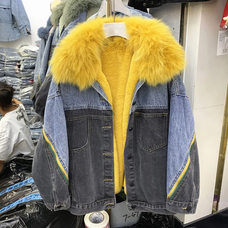 

Fashion Real Fur Collar Jeans Jacket Winter Parka Woman Plus Rabbit Hair Thicken Loose Jeans Overcoat Cotton-padded Jackets Coat