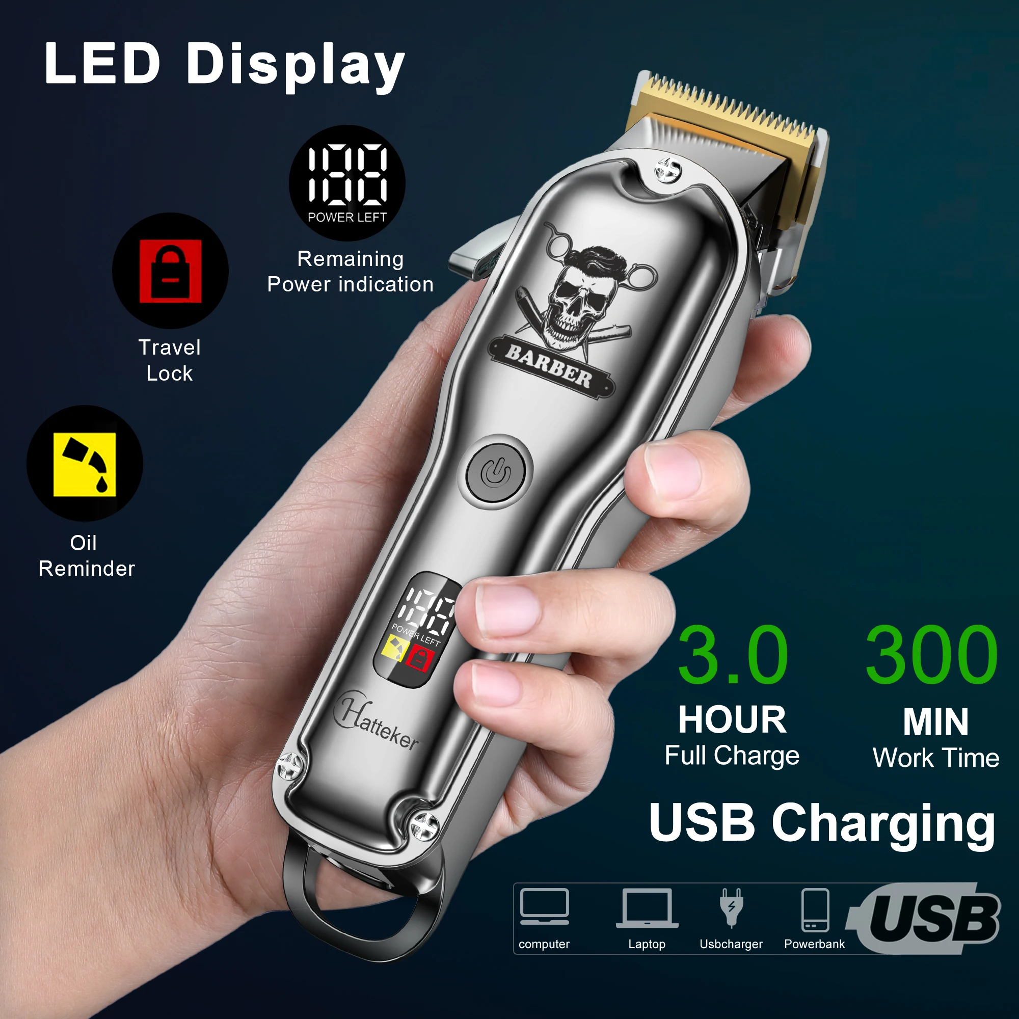 HATTEKER Clipper Mens Beard Trimmer Professional Cordless Rechargeable Hair Cutter Kit Barber Shop Strong Power_voghion.com