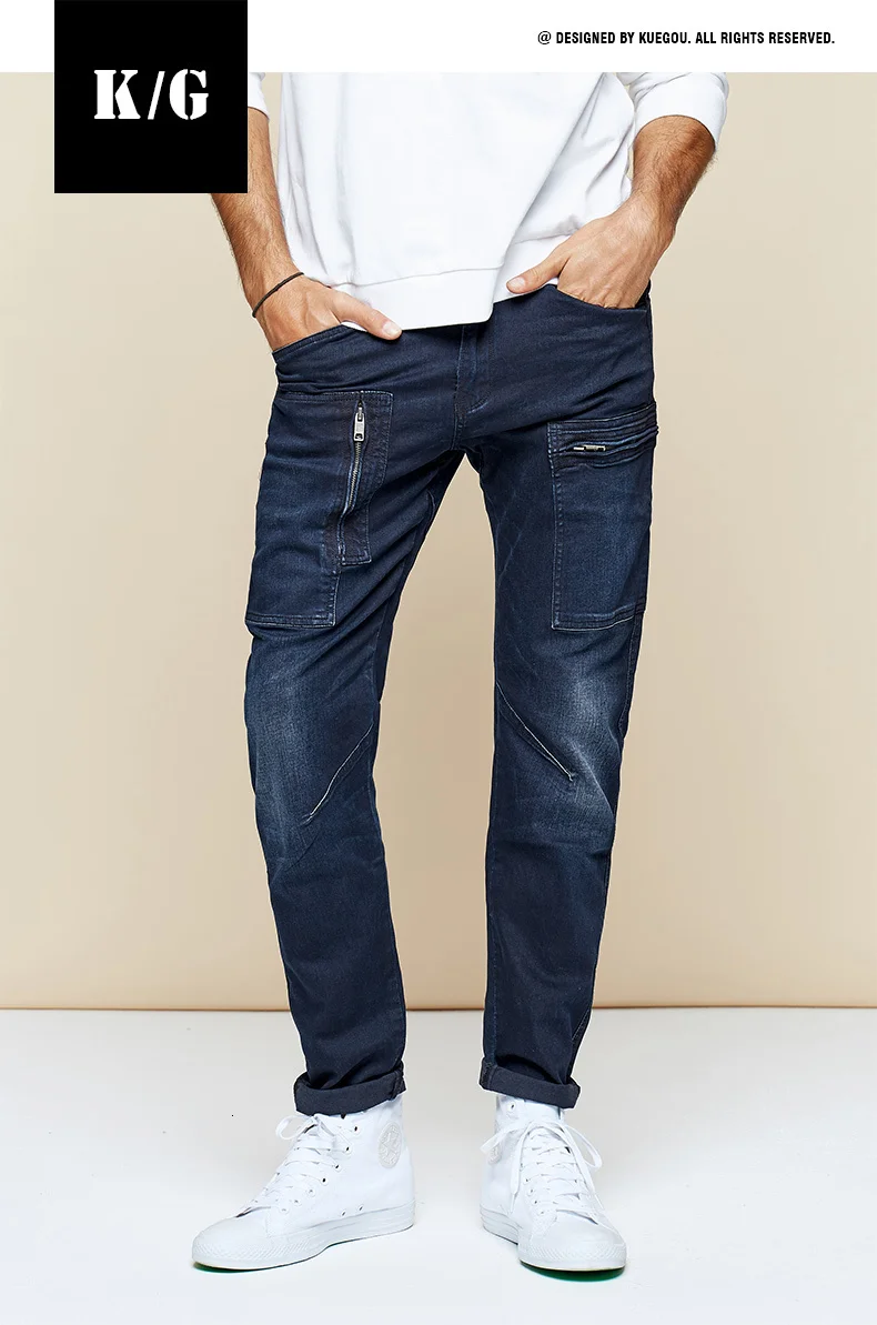 KUEGOU осенние хлопковые обтягивающие джинсы карго для мужчин, уличная одежда, брендовые облегающие джинсовые штаны для мужчин, хип-хоп Стрейчевые брюки 2938